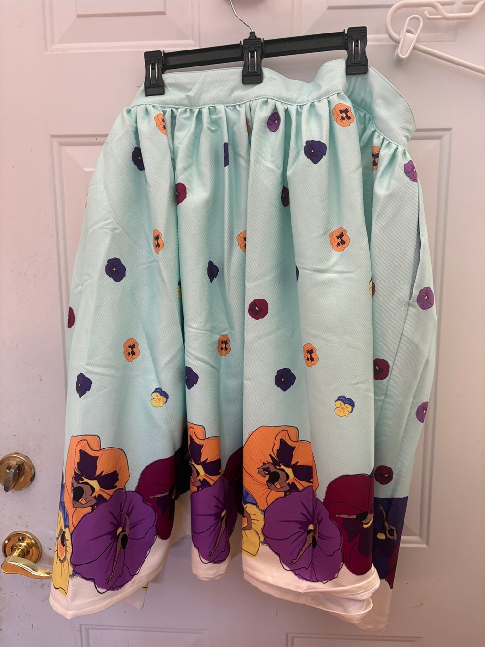Unique Vintage Women's Floral A-Line Midi Skirt in Mint with Purple & Orange
